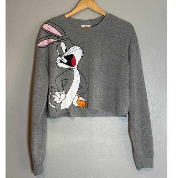 Bugs Bunny Cropped Sweatshirt Womens Medium Soft Comfy Graphic Print Gray Grey - Picture 1 of 7